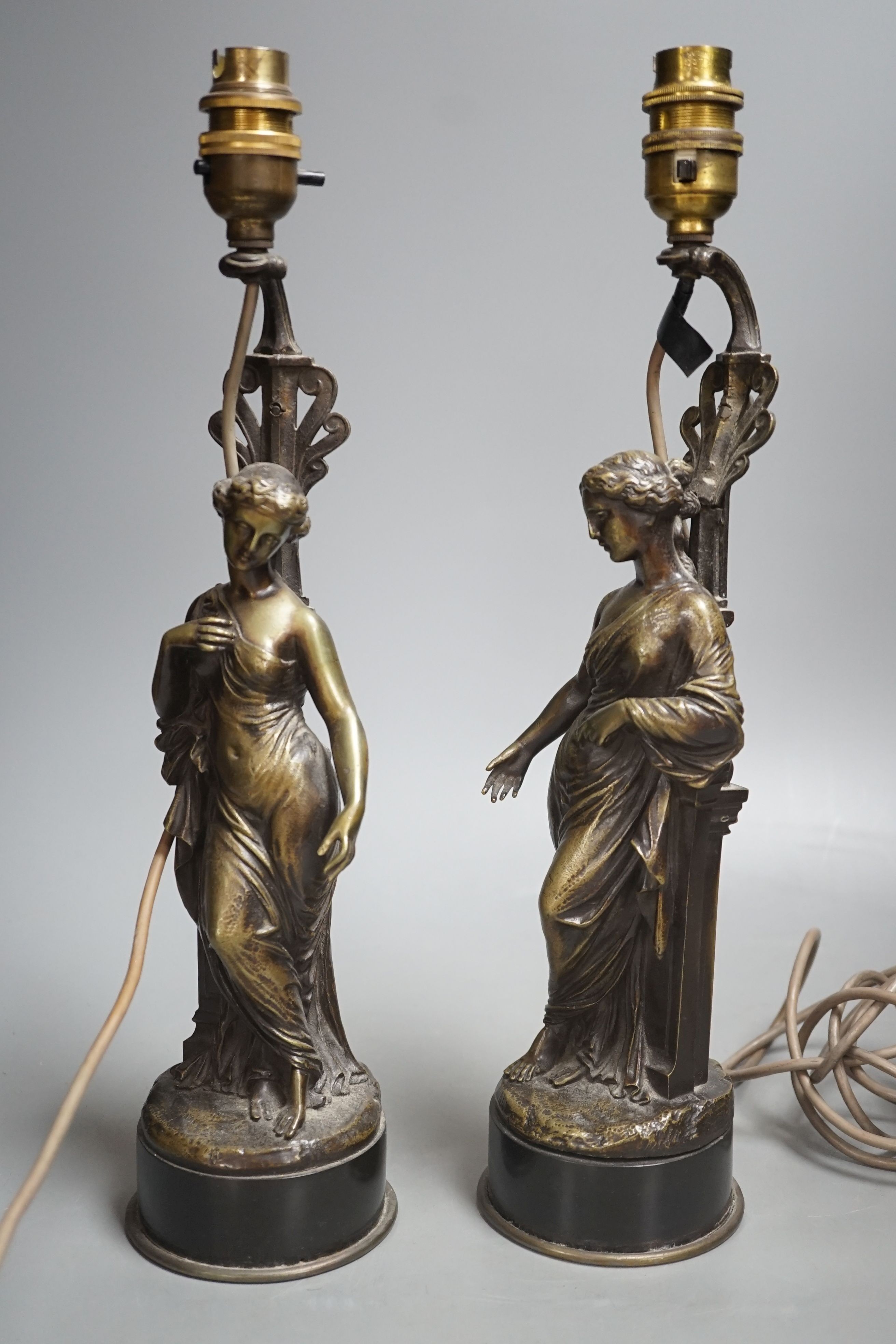 A pair of 19th century bronze figural lamps, total height 39cm